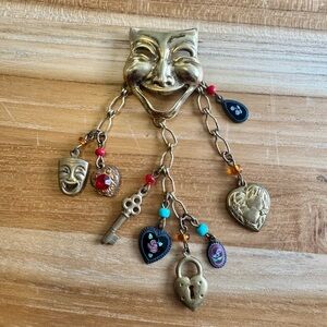 Rare Vintage Gold Tone Theater Mask Dangle Brooch Pin